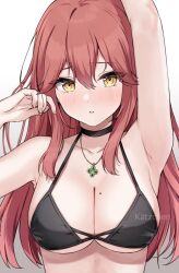Rule 34 | 1girl, bikini, breasts, choker, cleavage, commentary, english commentary, highres, jewelry, kaetzchen, large breasts, liliya (kaetzchen), long hair, looking at viewer, medium breasts, necklace, original, red hair, solo, swimsuit, watermark, yellow eyes