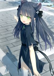 Rule 34 | 1girl, animal ears, black bow, black dress, black hair, blue archive, blush, bow, brick floor, china dress, chinese clothes, closed mouth, commentary request, dress, green eyes, green ribbon, hair ornament, halo, highres, long hair, looking at viewer, looking back, open mouth, outdoors, pointing, ribbon, shadow, short sleeves, shun (blue archive), shun (small) (blue archive), solo, thighhighs, twintails, wasabi60, white background, white thighhighs, aged down