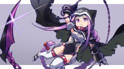 Rule 34 | 1girl, arm up, armor, armpits, black cape, black capelet, black gloves, black leotard, boots, bow, braid, breastplate, cape, capelet, chain, collar, fate/grand order, fate (series), gauntlets, glint, gloves, grey background, hair bow, highres, hood, leotard, long hair, medusa (fate), medusa (lancer) (fate), medusa (rider) (fate), memna (renka roll), outside border, ponytail, purple eyes, purple hair, ribbon, rider, scythe, simple background, single braid, solo, thigh strap, thighhighs, very long hair, weapon, white thighhighs