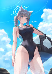 Rule 34 | 1girl, animal ear fluff, animal ears, bag, bare arms, bare shoulders, black one-piece swimsuit, blue archive, blue eyes, breasts, cloud, collarbone, competition swimsuit, covered navel, cowboy shot, day, duffel bag, earrings, extra ears, fox ears, from below, gluteal fold, grey hair, halo, highleg, highleg swimsuit, highres, jewelry, long hair, looking at viewer, medium breasts, mismatched pupils, one-piece swimsuit, outdoors, parted lips, ponytail, shiroko (blue archive), shiroko (swimsuit) (blue archive), shouhei, sidelocks, solo, standing, stud earrings, sunlight, swimsuit, thighs, water, wet
