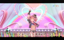 Rule 34 | 1girl, black gloves, black headwear, black jacket, breasts, closed mouth, commentary, contrapposto, crop top, cropped jacket, crowd, da (datako), english commentary, fingerless gloves, gals rock ambivalence, gloves, glowstick, hair ribbon, hand on own hip, hat, idol, idolmaster, idolmaster cinderella girls, jacket, jougasaki mika, letterboxed, looking at viewer, medium breasts, mini hat, navel, one eye closed, pink hair, ribbon, short hair, short shorts, short twintails, shorts, smile, stage, stage lights, twintails, underboob, yellow eyes