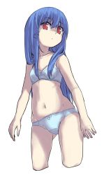 Rule 34 | 1girl, bare arms, bare shoulders, blue bra, blue panties, bow, bow bra, bow panties, bra, breasts, closed mouth, collarbone, commentary request, cropped legs, hair between eyes, hinanawi tenshi, long hair, looking at viewer, naegi (naegidokoro), navel, panties, red eyes, simple background, small breasts, solo, standing, touhou, underwear, underwear only, very long hair, white background