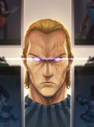 Rule 34 | 1boy, ace86, blonde hair, blue eyes, chinese commentary, closed mouth, hair slicked back, highres, king (one-punch man), looking at viewer, male focus, one-punch man, scar, scar across eye, scar on face, short hair, solo