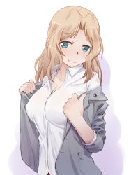 Rule 34 | 10s, 1girl, blazer, blonde hair, blouse, blue eyes, blush, closed mouth, collared shirt, commentary, emblem, girls und panzer, grey jacket, hair intakes, jacket, katatsuka kouji, kay (girls und panzer), long hair, long sleeves, looking at viewer, off shoulder, open clothes, open jacket, saunders school uniform, school uniform, shirt, sleeves rolled up, smile, solo, standing, undressing, white background, white shirt