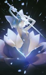 Rule 34 | 1other, arms up, bare shoulders, blue background, bob cut, bow, cleavage cutout, clothing cutout, diamond (houseki no kuni), elbow gloves, eyelashes, flower, gloves, grey eyes, hair bow, halterneck, highres, holding, holding sword, holding weapon, houseki no kuni, light particles, looking afar, lotus pedestal, pectoral cleavage, pectorals, petals, short hair, sideways glance, sleeveless, smile, solo, spe, sword, weapon, white bow, white gloves, white hair