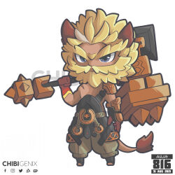 Rule 34 | 1boy, animal ears, aulus (mobile legends), beard, beard over mouth, blonde hair, chibi, chibigenix, facial hair, frown, full beard, full body, hammer, highres, holding, holding hammer, huge eyebrows, huge weapon, lion boy, lion ears, lion tail, looking at viewer, male focus, mature male, mobile legends: bang bang, over shoulder, short hair, solo, standing, tail, thick beard, thick mustache, weapon, weapon over shoulder, white background