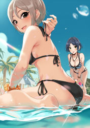 Rule 34 | 2girls, ass, back, ball, bare shoulders, beach, beachball, bikini, black bikini, black eyes, blue hair, blue sky, blush, bracelet, breasts, cleavage, day, earrings, grey hair, hair between eyes, hayami kanade, highres, hip focus, idolmaster, idolmaster cinderella girls, jewelry, kurokin, large breasts, looking at viewer, looking to the side, medium breasts, multiple girls, necklace, open mouth, palm tree, parted bangs, scrunchie, shiomi syuko, short hair, side-tie bikini bottom, sky, smile, striped bikini, striped clothes, swimsuit, thighs, tree, water, wrist scrunchie, yellow eyes
