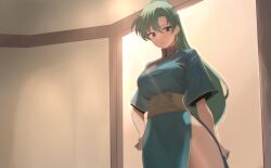 Rule 34 | 1girl, ahonoko, black shirt, blue dress, breasts, collared dress, cowboy shot, dress, earrings, fire emblem, fire emblem: the blazing blade, green eyes, green hair, high ponytail, highres, indoors, jewelry, large breasts, light rays, long hair, looking at viewer, looking down, lyn (fire emblem), nintendo, pelvic curtain, ponytail, shirt, short sleeves, side slit, solo, very long hair