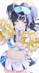 Rule 34 | 1girl, absurdres, animal ears, artist request, black hair, blue archive, blue eyes, blush, breasts, cheerleader, dog ears, dog girl, dog tail, eyewear on head, facial mark, goggles, goggles on head, hair ornament, halo, hibiki (blue archive), hibiki (cheer squad) (blue archive), highres, holding, holding pom poms, large breasts, long hair, looking at viewer, millennium cheerleader outfit (blue archive), navel, official alternate costume, open mouth, pom pom (cheerleading), pom poms, simple background, skirt, solo, star (symbol), star facial mark, star sticker, sticker on face, stomach, tail, text print, white skirt, yellow halo, ziuuun