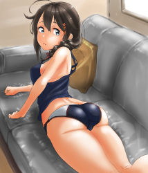 Rule 34 | 1girl, ass, black hair, blouse, blue eyes, blue shirt, braid, breasts, closed mouth, couch, hair between eyes, hair ornament, hairclip, highres, indoors, kantai collection, long hair, looking at viewer, multicolored clothes, multicolored panties, no bra, panties, pants, pillow, ponytail, shigure (kancolle), shigure kai ni (kancolle), shirt, small breasts, solo, tama (tamago), thighs, underwear, undressing, window