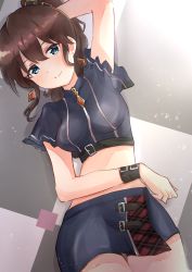 Rule 34 | 1girl, absurdres, blue eyes, breasts, brown hair, checkered floor, closed mouth, earrings, highres, idolmaster, idolmaster million live!, idolmaster million live! theater days, jewelry, long hair, looking at viewer, lying, medium breasts, midriff, on back, pencil skirt, ponytail, satake minako, skirt, smile, solo, wakaayu3