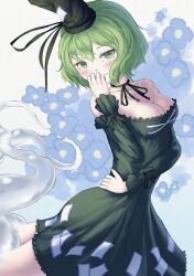 Rule 34 | 1girl, blue flower, blush, breasts, cleavage, closed mouth, commentary, cross-laced footwear, dress, flower, green dress, green eyes, green hair, hat, highres, looking at viewer, ofuda, ofuda on clothes, pygrenix, short hair, soga no tojiko, solo, tate eboshi, touhou