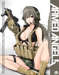Rule 34 | 1girl, arm support, armed angels, boots, breasts, camouflage, cleavage, foregrip, front-tie top, grey hair, gun, headset, kriss vector, large breasts, load bearing vest, m65 (camo), macline, military operator, original, shirt, shorts, sitting, spread legs, submachine gun, tdi vector, tied shirt, vertical forward grip, weapon