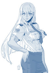 Rule 34 | 1girl, blue theme, breast pocket, breasts, commentary request, ge xi, hand on own hip, highres, italian flag, large breasts, levasol defense corps, long hair, miniskirt, monochrome, muscular, muscular female, name tag, necktie, original, pencil skirt, pocket, police, police uniform, policewoman, shirt, skirt, solo, taut clothes, taut shirt, uniform, very long hair, white background, witches in 7th base
