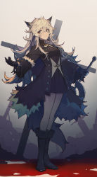 Rule 34 | 1girl, absurdres, animal ears, arknights, bare legs, black coat, black dress, black footwear, black gloves, blood, boots, coat, commentary request, dress, full body, gloves, grey eyes, hand up, highres, holding, holding sword, holding weapon, lappland (arknights), lappland (refined horrormare) (arknights), long hair, looking to the side, mongarit, official alternate costume, open clothes, open coat, planted, planted sword, planted weapon, scar, scar across eye, scar on face, sharp teeth, shirt, short dress, silver hair, smile, solo, standing, sword, teeth, weapon, white shirt, wolf ears