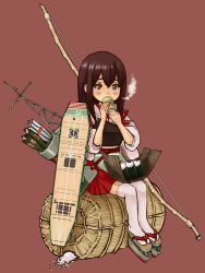 Rule 34 | 10s, 1girl, akagi (kancolle), archery, arrow (projectile), blush, bow (weapon), brown eyes, brown hair, clog sandals, cup, food, full body, gloves, green tea, japanese clothes, kantai collection, kyuudou, legs together, long hair, makizushi, muneate, okobo, partially fingerless gloves, partly fingerless gloves, personification, pontou, quiver, red background, rice, sack, sandals, simple background, single glove, sitting, skirt, solo, sushi, tea, thighhighs, weapon, yugake, yunomi