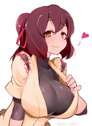 Rule 34 | 10s, 1girl, blush, breasts, brown eyes, brown hair, hair ribbon, heart, highres, ise (kancolle), japanese clothes, kantai collection, large breasts, looking at viewer, ponytail, pulling, ribbon, short hair, simple background, skin tight, smile, solo, tori kaku, twitter username, white background