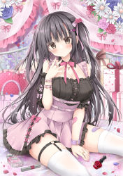 Rule 34 | 1girl, absurdres, black hair, black shirt, black sleeves, blue flower, blue rose, blush, breasts, brown eyes, cleavage, closed mouth, commentary request, detached sleeves, feet out of frame, flower, frilled skirt, frills, hair ornament, hairclip, hand up, head tilt, heart, heart hair ornament, highres, korie riko, long hair, looking at viewer, medium breasts, original, pink flower, pink rose, pink skirt, pleated skirt, puffy short sleeves, puffy sleeves, red flower, red rose, rose, shirt, short sleeves, sitting, skirt, solo, thighhighs, two side up, very long hair, white flower, white thighhighs