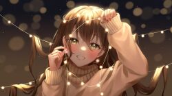 Rule 34 | 1girl, blush, brown hair, christmas lights, gloria (gloriao3o), green eyes, hair between eyes, highres, long hair, looking at viewer, multicolored nails, original, red nails, scarf, sleeves past wrists, smile, solo, sweater, teeth, upper body, white nails