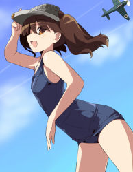Rule 34 | 10s, 1girl, aircraft, airplane, brown eyes, brown hair, chikuwa (majihima), kantai collection, long hair, one-piece swimsuit, personification, ryuujou (kancolle), school swimsuit, solo, swimsuit, twintails, visor, visor cap