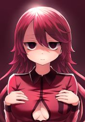 Rule 34 | 1girl, breasts, cleavage, empty eyes, hands on own chest, highres, large breasts, long hair, long sleeves, looking at viewer, neit ni sei, original, partially unbuttoned, red background, red eyes, red hair, red shirt, shirt, solo, upper body