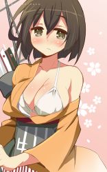 Rule 34 | 10s, 1girl, 9law, bad id, bad pixiv id, blush, bra, breasts, brown hair, cherry blossoms, highres, hiryuu (kancolle), japanese clothes, kantai collection, personification, quiver, short hair, solo, underwear