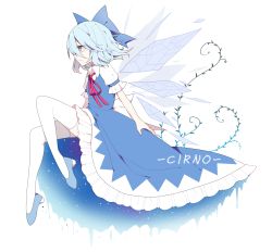 Rule 34 | 1girl, bing zizi, blue dress, blue eyes, blue hair, bow, character name, cirno, dress, fairy wings, from side, hair bow, highres, ice, ice wings, matching hair/eyes, profile, solo, thighhighs, touhou, white thighhighs, wings