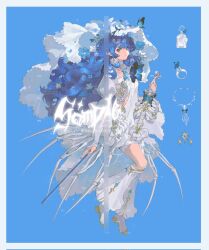 Rule 34 | 1girl, blue background, blue butterfly, blue eyes, blue flower, blue hair, blue theme, bone, border, bottle, breasts, bug, butterfly, closed mouth, collarbone, commentary, curly hair, dress, flower, frills, gold trim, grey border, highres, holding, holding bone, insect, jewelry, kneehighs, long hair, looking at viewer, necklace, original, perfume bottle, pointy ears, polka dot, ring, sample watermark, sidelocks, simple background, skull, small breasts, socks, solo, star (symbol), symbol-only commentary, watermark, white dress, white flower, white socks, white veil, yunouou10