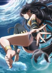 Rule 34 | 1girl, absurdres, anklet, asymmetrical legwear, asymmetrical sleeves, barefoot, black bow, black hair, black panties, black sleeves, black thighhighs, bow, detached sleeves, earrings, fate/grand order, fate (series), floating hair, grin, hair bow, highres, ishtar (fate), jewelry, lens flare, long hair, looking at viewer, mitsuria (kanesho1102), outstretched arm, outstretched hand, panties, red eyes, single sleeve, single thighhigh, sky, smile, soles, solo, thighhighs, twintails, underwear, uneven legwear, uneven sleeves, very long hair