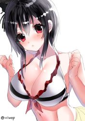 Rule 34 | 1girl, bikini, black hair, blush, breasts, closed mouth, hair between eyes, hair ornament, kantai collection, large breasts, long hair, looking at viewer, medium hair, one-hour drawing challenge, red eyes, short hair with long locks, simple background, swimsuit, twitter username, viwop, white background, yamashiro (kancolle)