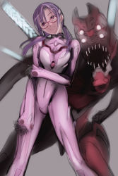 Rule 34 | 00s, 1girl, breasts, contrapposto, eva 02, glasses, grey background, head tilt, humanoid robot, large breasts, long hair, looking at viewer, low twintails, makinami mari illustrious, monster, neon genesis evangelion, nishieda, open mouth, plugsuit, purple eyes, purple hair, rebuild of evangelion, robot, sharp teeth, short twintails, simple background, smile, solo, spoilers, standing, teeth, twintails