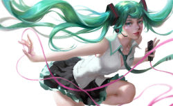 Rule 34 | 1girl, black skirt, eyelashes, facial mark, floating hair, green eyes, green hair, hatsune miku, headset, highres, holding, lips, long hair, looking at viewer, necktie, nose, pleated skirt, shirt, simple background, skirt, sleeveless, sleeveless shirt, solo, twintails, very long hair, vocaloid, white background, y xun