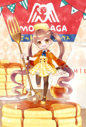 Rule 34 | 1girl, :d, argyle, argyle background, argyle clothes, black pantyhose, bottle, brown hair, butter, food, food-themed hair ornament, fork, full body, hair ornament, highres, long hair, looking at viewer, milk, mini person, minigirl, morinaga &amp; company, morinaga (brand), mugi (iccomae), open mouth, orange eyes, original, oversized object, pancake, pantyhose, personification, product placement, shawl, shoes, skirt, smile, solo, standing, standing on one leg, syrup, twintails, yellow footwear, yellow skirt