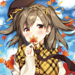 Rule 34 | 1girl, autumn leaves, beret, blue sky, blush, brown eyes, brown hair, brown hat, cardigan, closed mouth, cloud, cloudy sky, commentary request, day, dress shirt, hair between eyes, hair ribbon, hat, head tilt, holding, holding leaf, leaf, looking at viewer, lowres, maple leaf, masuishi kinoto, necktie, off shoulder, open cardigan, open clothes, original, outdoors, plaid, plaid shirt, ribbon, shirt, sky, smile, solo, two side up, white cardigan, yellow ribbon, yellow shirt