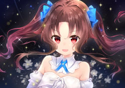 Rule 34 | 10s, 1girl, :d, bare shoulders, blue bow, blush, bow, brown hair, collar, commentary, detached collar, detached sleeves, dress, flower, forehead, gyozanuko, hair between eyes, hair bow, layered sleeves, long hair, long sleeves, looking at viewer, open mouth, parted bangs, puffy short sleeves, puffy sleeves, red eyes, ryuuou no oshigoto!, short over long sleeves, short sleeves, sidelocks, smile, solo, strapless, strapless dress, twintails, white collar, white dress, white flower, yashajin ai