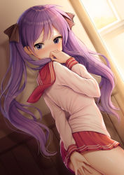 Rule 34 | 1girl, absurdres, arm behind back, bad id, bad pixiv id, black bow, blush, bow, cowboy shot, floating hair, hair between eyes, hair bow, highres, hiiragi kagami, indoors, long hair, long sleeves, looking at viewer, lucky star, miniskirt, pleated skirt, purple eyes, purple hair, red sailor collar, red skirt, ryouou school uniform, sailor collar, salukino, school uniform, serafuku, shiny skin, shirt, skirt, solo, standing, twintails, very long hair, white shirt