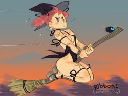 Rule 34 | 1girl, black dress, breasts, broom, broom riding, center opening, choker, crybringer, deneb ribbon, dress, earrings, green eyes, hair ribbon, hat, jewelry, legs together, no panties, original, pink hair, red hair, revealing clothes, ribbon, ribbon choker, scar, short hair, short twintails, side slit, small breasts, solo, spaghetti strap, twintails, witch, witch hat