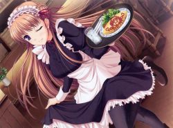 Rule 34 | 10s, 1girl, blush, brown hair, carrying, chair, cup, drink, dutch angle, female focus, food, fork, game cg, glass, hairband, komori kei, long hair, looking at viewer, maid, maid headdress, noel maresse ascot, pantyhose, purple eyes, sandwich, shoes, skirt, smile, solo, spoon, standing, tray, very long hair, waitress, walkure romanze, water, wink