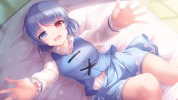 Rule 34 | 1girl, :d, blue eyes, blue hair, blue skirt, blue vest, blush, breasts, commentary request, heterochromia, highres, large breasts, looking at viewer, lying, lzh, on back, on bed, open mouth, outstretched arms, red eyes, shirt, short hair, skirt, skirt set, smile, solo, tatara kogasa, touhou, vest, white shirt
