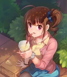 Rule 34 | 1girl, absurdres, ahoge, blush, bracelet, breasts, brown hair, brown pantyhose, collarbone, collared shirt, drill hair, drinking straw, highres, idolmaster, idolmaster million live!, jewelry, kamille (vcx68), large breasts, looking at viewer, nail polish, outdoors, pantyhose, parted lips, purple eyes, shirt, short hair, side drill, sitting, smile, solo, yellow nails, yellow shirt, yokoyama nao