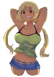 Rule 34 | arms up, blonde hair, blush, borrowed character, breasts, cleavage, denim, denim skirt, highres, large breasts, navel, skirt, smile, summer memories, thighs, twintails