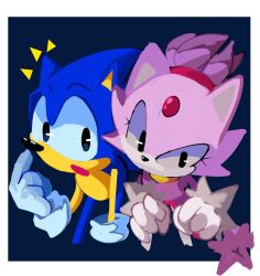 Rule 34 | 1boy, 1girl, animal ears, black eyes, blaze the cat, blue fur, cat ears, cat girl, cat tail, forehead jewel, fur-trimmed gloves, fur trim, furry, furry female, furry male, gloves, highres, legochet, open mouth, ponytail, purple fur, sega, simple background, sonic (series), sonic rush, sonic the hedgehog, tail, white gloves