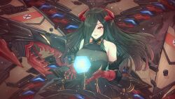 Rule 34 | 1girl, absurdres, azur lane, bare shoulders, black dress, black feathers, black hair, breasts, cleavage, dress, feathers, floating hair, friedrich der grosse (azur lane), gloves, gold trim, hair over one eye, highres, horns, lalachan208, large breasts, long hair, mechanical horns, microdress, red gloves, red horns, rigging, see-through, solo, very long hair, wisdom cube (azur lane), yellow eyes