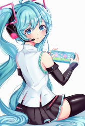 Rule 34 | 1girl, absurdres, animal crossing, aqua eyes, aqua hair, bare shoulders, black skirt, blue eyes, blue hair, blush, commentary request, detached sleeves, hair ornament, hatsune miku, hatsune miku (vocaloid4), headphones, headset, highres, huge filesize, long hair, looking at viewer, nintendo, nintendo switch, pleated skirt, simple background, skirt, smile, solo, thighhighs, twintails, very long hair, vocaloid, white background, zipgaemi