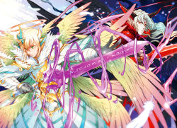 Rule 34 | 2boys, angel wings, archangel lucifer, archdemon lucifer (p&amp;d), armor, black gloves, demon horns, feathers, gloves, halo, headpiece, holding, holding sword, holding weapon, horns, looking at viewer, multiple boys, multiple wings, outstretched arm, pinki (shounenkakuseiya), pointy ears, puzzle &amp; dragons, robe, serious, slime (substance), smile, sword, weapon, wings, yellow eyes