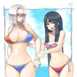 Rule 34 | 2girls, artist name, bespectacled, bikini, black hair, blue eyes, blue sky, breasts, cleavage, cloud, collarbone, day, frills, glasses, groin, hime cut, hip focus, houraisan kaguya, large breasts, long hair, looking at another, looking away, multicolored bikini, multicolored clothes, multicolored nails, multiple girls, nail polish, navel, ocean, oo gata ken, open mouth, perky breasts, pink bikini, pointy ears, pointy nose, ribbon, signature, silver hair, sky, smile, swimsuit, touhou, yagokoro eirin