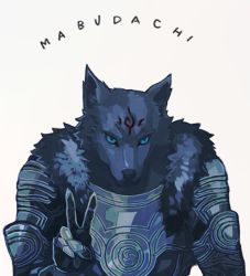 Rule 34 | 1boy, armor, blue hair, closed mouth, expressionless, facial mark, facial tattoo, fate/grand order, fate (series), forehead mark, fur collar, fur trim, furry, furry male, grey background, kukochihiko (fate), looking at viewer, male focus, sei 8220, simple background, solo, tattoo, text background, upper body, v, wolf boy