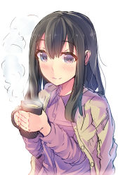 Rule 34 | 1girl, black hair, blue eyes, blush, cup, daito, holding, holding cup, hot drink, long hair, mug, shimada mayu, sketch, solo, steam, upper body, wake up girls!, white background