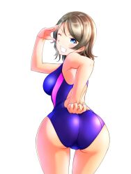 Rule 34 | 1girl, ass, bent over, blush, breasts, brown hair, cameltoe, chishio (onoderayui), competition swimsuit, from behind, highres, looking at viewer, love live!, medium breasts, one-piece swimsuit, salute, short hair, solo, swimsuit, thighs, watanabe you, wavy hair
