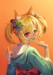 Rule 34 | 1girl, ahoge, animal ear fluff, animal ears, arknights, bare shoulders, blonde hair, blush, bow, dddsunsky, fang, finger to mouth, finger to tongue, flower, glasses, gradient background, green flower, green rose, hair bow, hair flower, hair ornament, hands up, highres, japanese clothes, kimono, looking at viewer, looking back, open mouth, orange background, purple bow, red bow, red eyes, rose, short hair, sidelocks, solo, sora (arknights), teeth, tongue, tongue out, twintails, upper teeth only, wolf ears